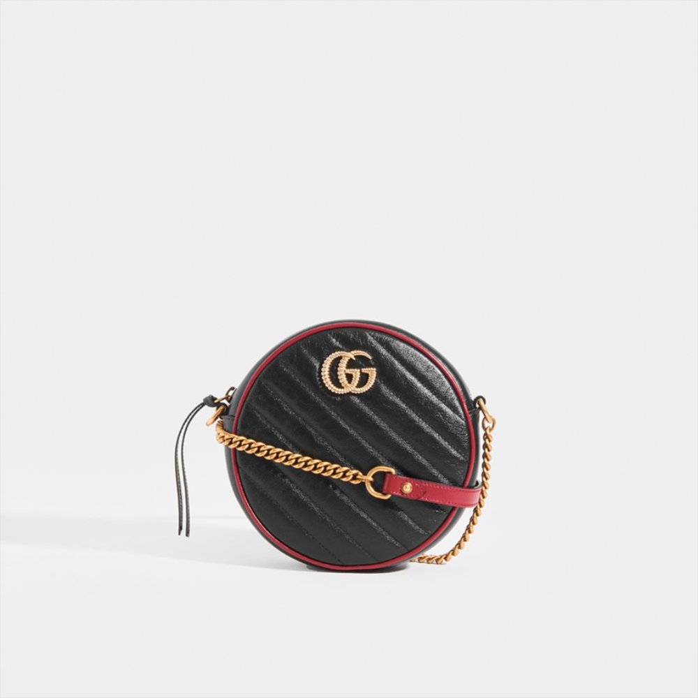 RARE!!Gucci GG Mini Marmont Round Shoulder Bag in Black with Red Trim NWT